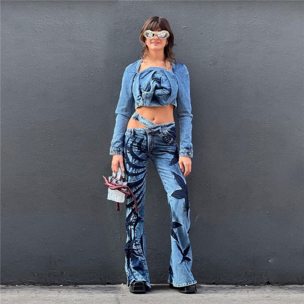 Women's new high-waisted fashion print street photo slim slim micro flare casual pants