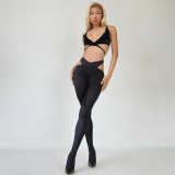 Women's new sexy hollowed-out mesh stitching high waist tights casual sports suit