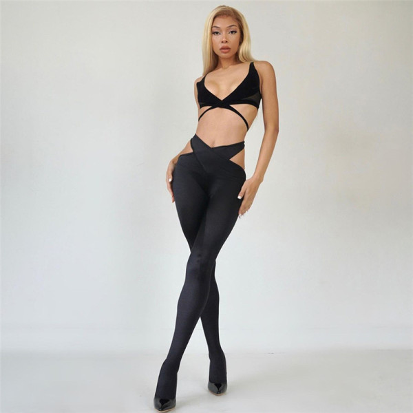 Women's new sexy hollowed-out mesh stitching high waist tights casual sports suit