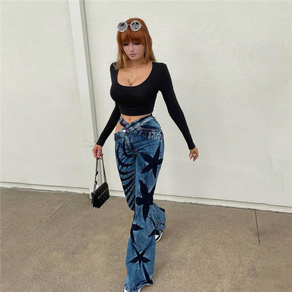 Women's new high-waisted fashion print street photo slim slim micro flare casual pants