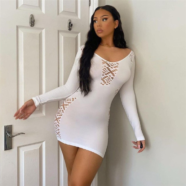 Fashion jacquard cut-out low neck high waist slim short dress