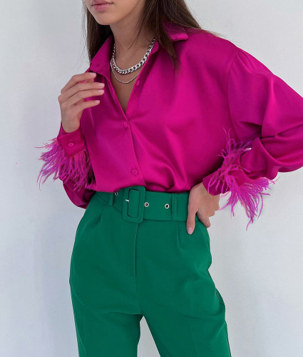 Fashion casual shirt with ice silk feather panel design ostrich hair feeling