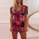V-neck short sleeve back lace-up open back dress short skirt