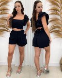 Fresh and sweet ruffle lace waistcoat high waist shorts two-piece set