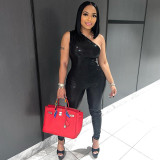 Women's sexy glossy imitation leather one-shoulder top with high waist and buttocks trousers suit