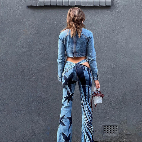 Women's new high-waisted fashion print street photo slim slim micro flare casual pants