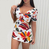 V-neck short sleeve back lace-up open back dress short skirt