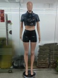 Leather breasted waist short sleeve imitation leather shirt shorts