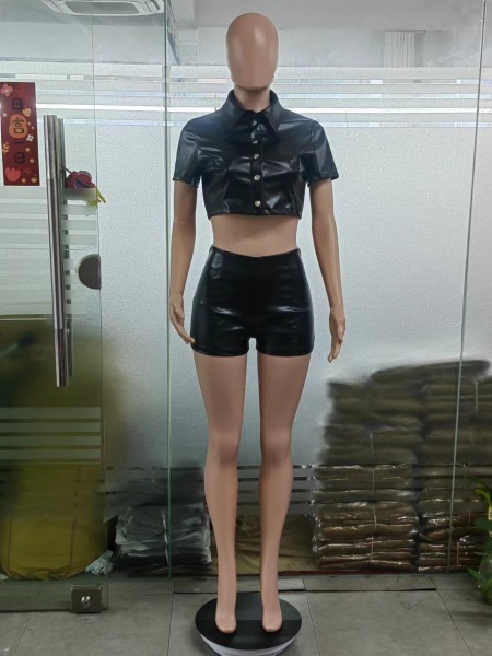 Leather breasted waist short sleeve imitation leather shirt shorts