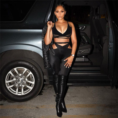 Women's new sexy hollowed-out mesh stitching high waist tights casual sports suit