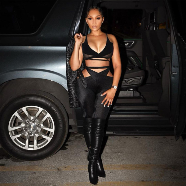 Women's new sexy hollowed-out mesh stitching high waist tights casual sports suit