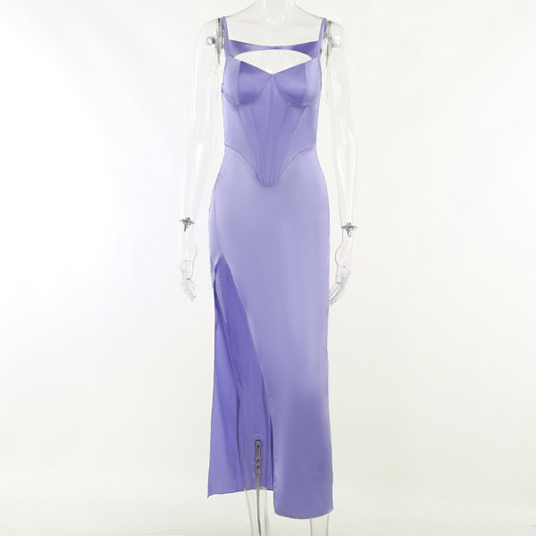 Sexy Hollow Waist High Split Satin Sling Dress Temperament Party Dress Long Dress