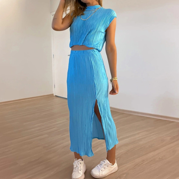 Pleated half high collar short shirt high waist split mid-length skirt two-piece set