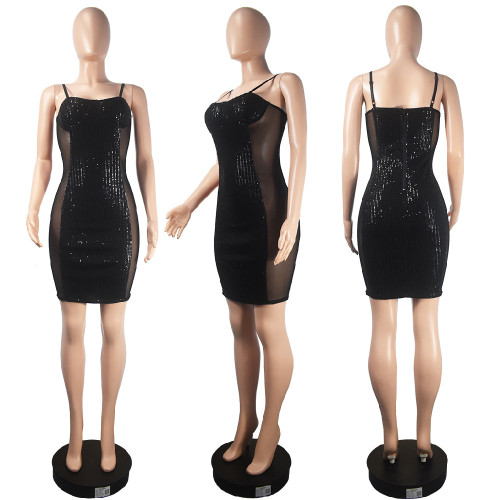 Fashion suspender skirt nightclub style sexy perspective bra sequin dress
