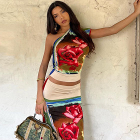 Oblique shoulder single sleeve vintage printed T-shirt short skirt two-piece set