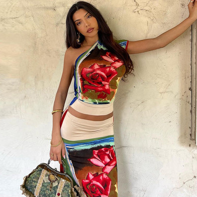 Oblique shoulder single sleeve vintage printed T-shirt short skirt two-piece set