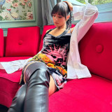 One-piece collar street trendsetter multi-color printed suspender dress