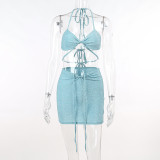 Sexy Spicy Girls Style Silver Silk Cross Neck Chest Cup Top Drawstring Wrapped Hip Short Dress Two Pieces Set