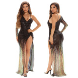 Fashion hip skirt sequin V-neck single side sling high slit sexy dress dress