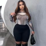 Round neck long-sleeve retro print perspective sexy hot one-piece