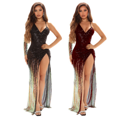 Fashion hip skirt sequin V-neck single side sling high slit sexy dress dress