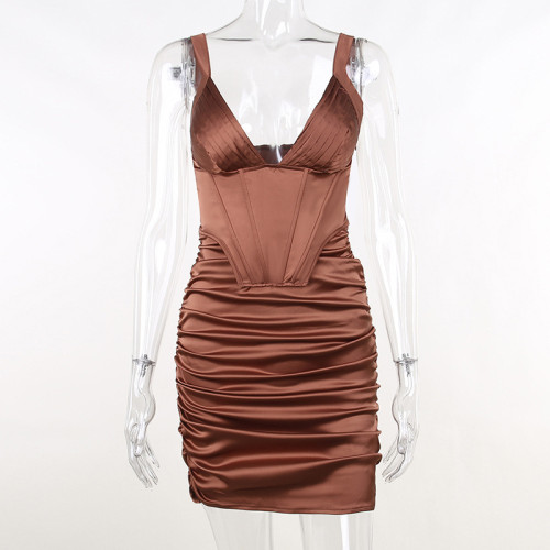 Sexy Deep V-Neck Pleated Waist Wrap Hip Dress Spicy Girl Backless Party Dress