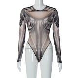 Round neck long-sleeve retro print perspective sexy hot one-piece