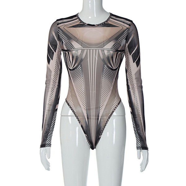 Round neck long-sleeve retro print perspective sexy hot one-piece