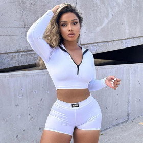 Women's zipper color contrast jacket, chap patchwork shorts, yoga suit