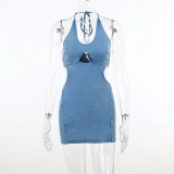 Sexy hollowed-out neck tie wrap hip skirt Slim fit Spicy Girls backless holiday dress