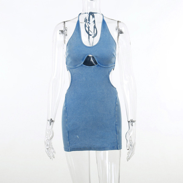 Sexy hollowed-out neck tie wrap hip skirt Slim fit Spicy Girls backless holiday dress