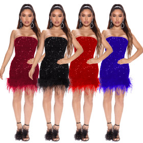 Fashionable new women's dress, bra and buttock skirt, celebrity feather sequin nightclub party dress