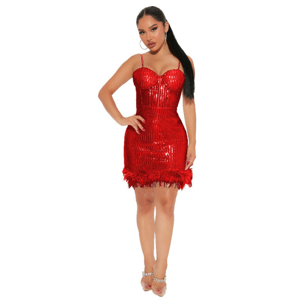 Fashion spring new short skirt sequin feather sexy nightclub bra suspender dress