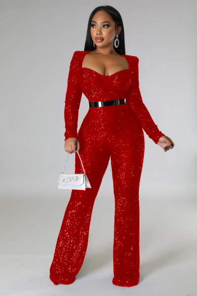 Bra length slim long sleeve sequin jumpsuit without belt