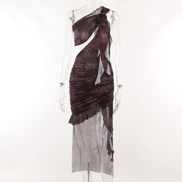 One-shoulder three-dimensional flower hollow-out slimming hot girl pleated buttock dress