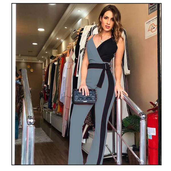 Belted black and white pair suspenders sexy jumpsuit