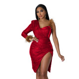 Fashionable buttock nightclub one-shoulder feather long-sleeved high-split hot diamond slim dress