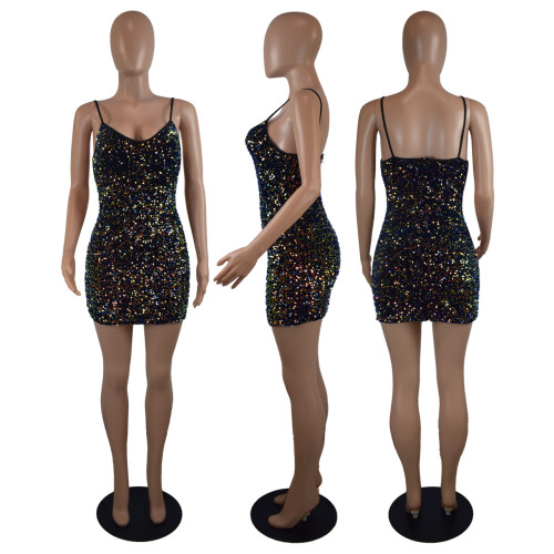 Sequin V-neck sexy suspender buttock dress