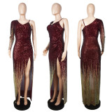 Fashion hip skirt sequin V-neck single side sling high slit sexy dress dress