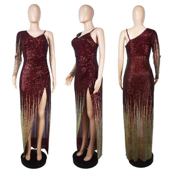 Fashion hip skirt sequin V-neck single side sling high slit sexy dress dress