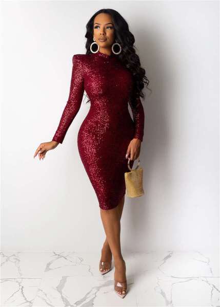 Stretch sequin medium length sexy tight dress
