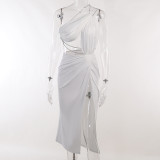 Sexy diagonal shoulder cut-out hot diamond sling skirt Slim fitting party dress