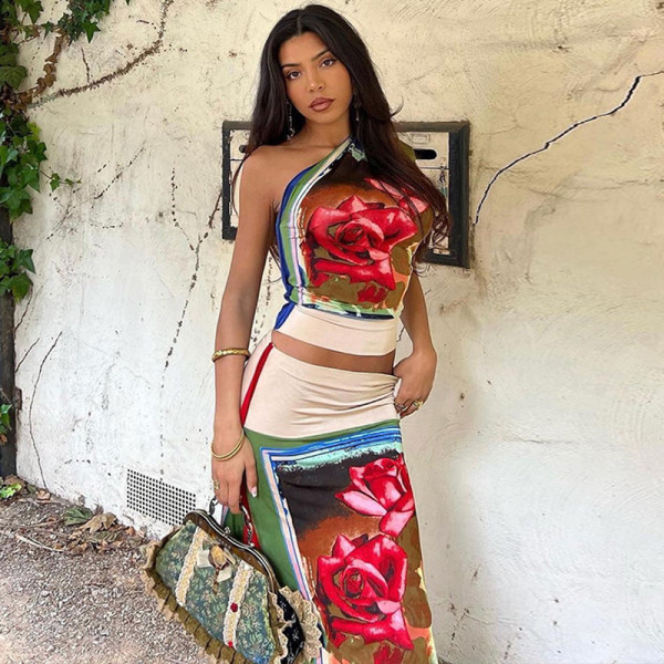 Oblique shoulder single sleeve vintage printed T-shirt short skirt two-piece set