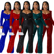 Bra length slim long sleeve sequin jumpsuit without belt Bra length slim long sleeve sequin jumpsuit without belt