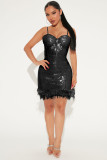 Fashion spring new short skirt sequin feather sexy nightclub bra suspender dress