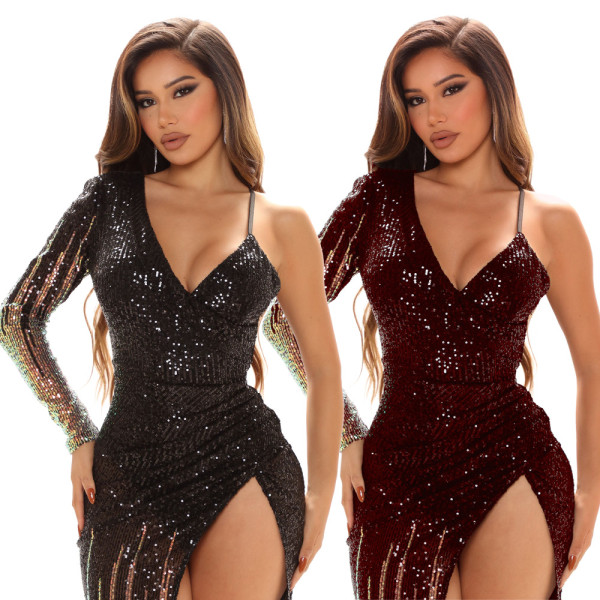 Fashion hip skirt sequin V-neck single side sling high slit sexy dress dress