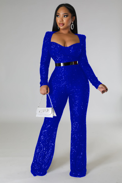 Bra length slim long sleeve sequin jumpsuit without belt