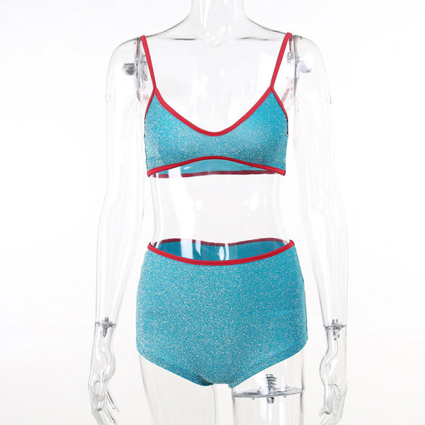 Sexy contrast color chest cup sling high waist tight shorts Spicy girls seaside holiday style two-piece set