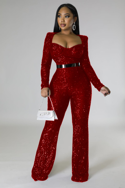 Bra length slim long sleeve sequin jumpsuit without belt