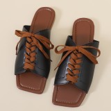 Large women's shoes, solid color lace up, flat bottom, low heel, square toe, sandals